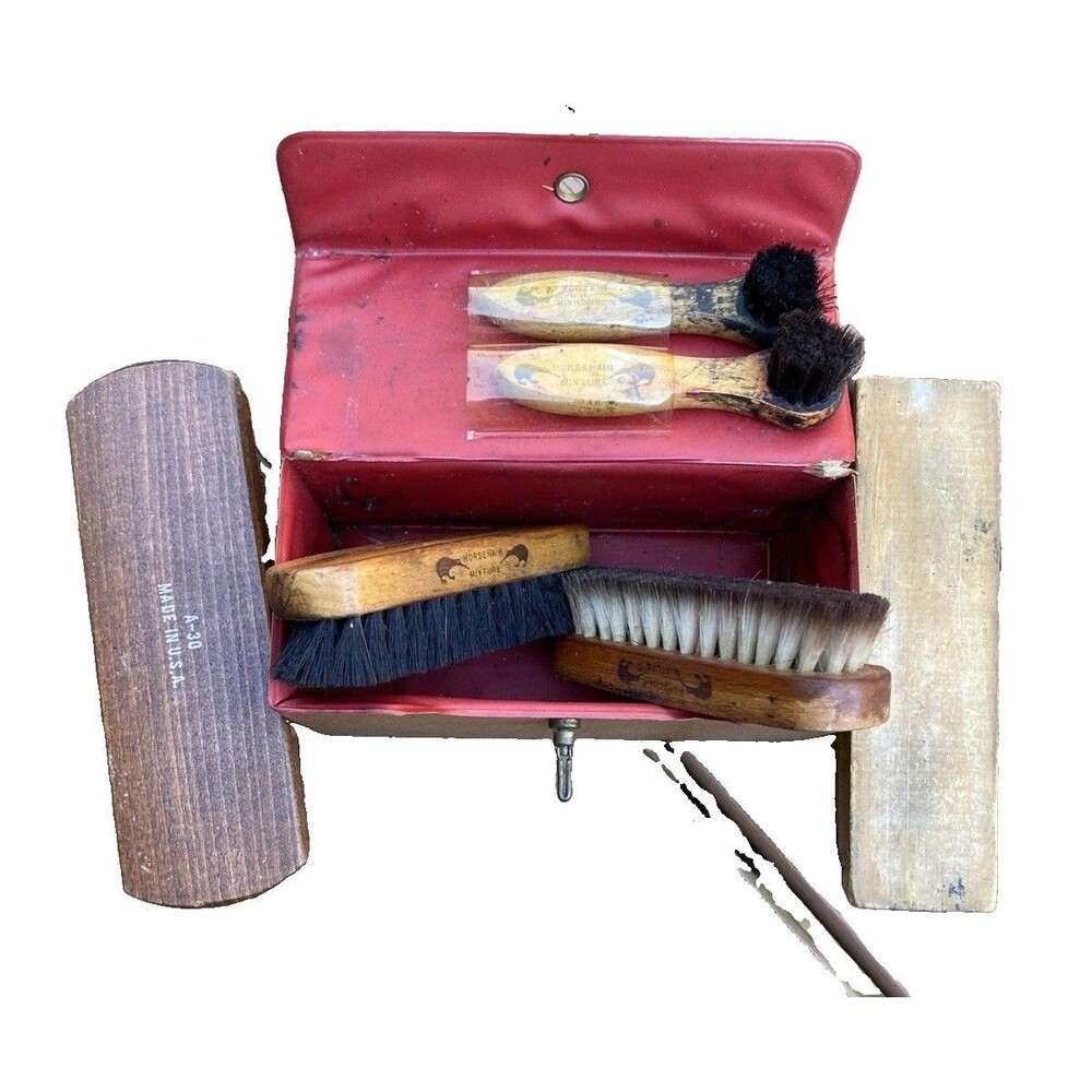 KIWI Shoe Shine Compact Kit 100% Horsehair Brushes Carrying Case Plus Extra USA